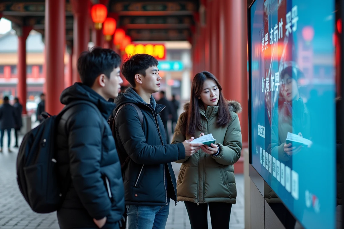 Jeunes adultes chinois lisant des titres d'actualité sur un écran numérique en plein air à Pékin