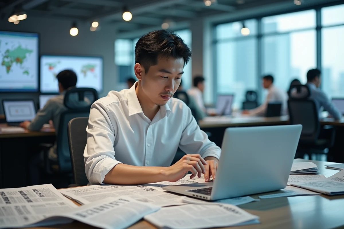 Journaliste chinois travaillant dans une salle de rédaction moderne entourée de journaux et d'écrans