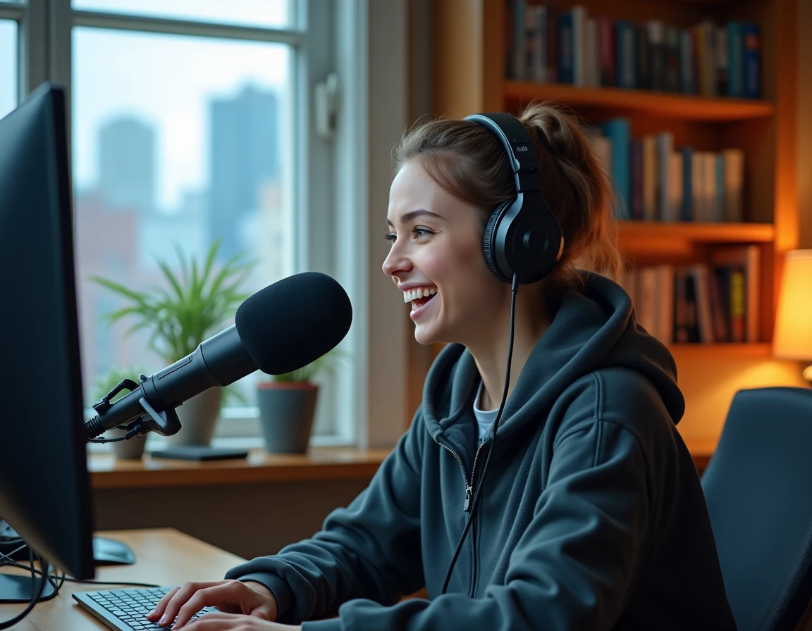 Jeune femme streameuse avec casque et micro professionnel dans un coin broadcast avec vue urbaine en arrière-plan lors d'un live gaming
