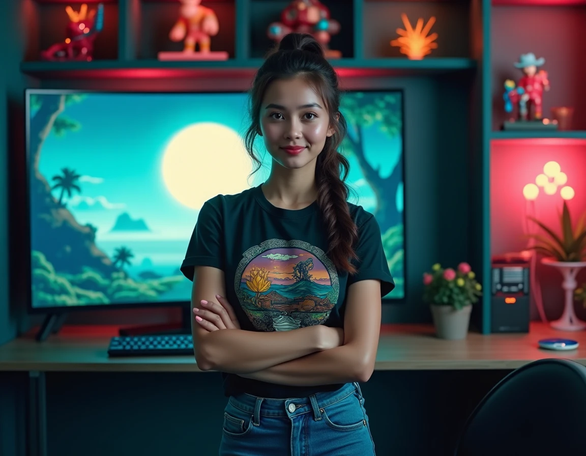 Streameuse gaming debout devant un écran ultrawide affichant un jeu fantasy dans une salle gaming moderne aux murs sombres et étagères lumineuses