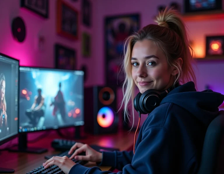 Jeune streameuse gaming assise à son bureau professionnel avec double écran et périphériques RGB dans un studio maison décoré de memorabilia
