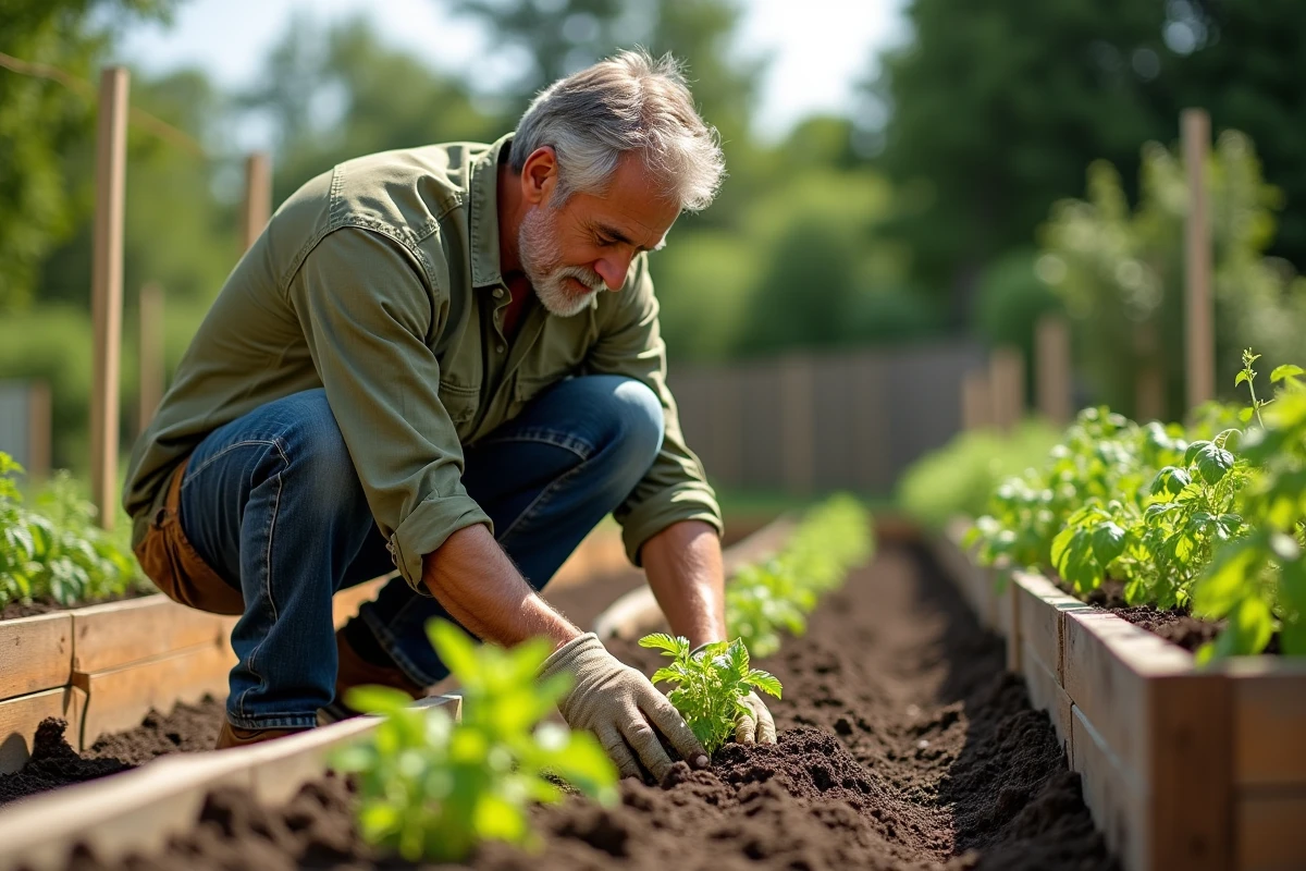 Homme jardinage dans un potager maison avec des plants de tomates et des carrés de culture en bois