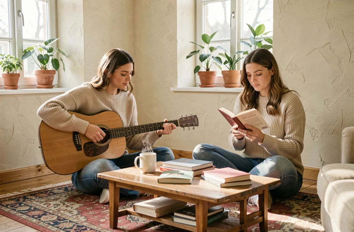 Deux femmes profitant de leurs loisirs à la maison, l'une jouant de la guitare et l'autre lisant un livre