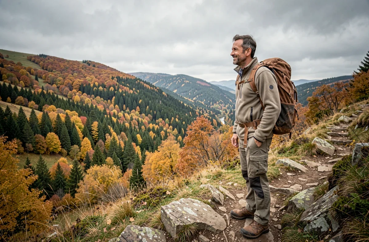 Homme en randonnée contemplant un paysage forestier automnal depuis un sentier rocheux en pleine nature