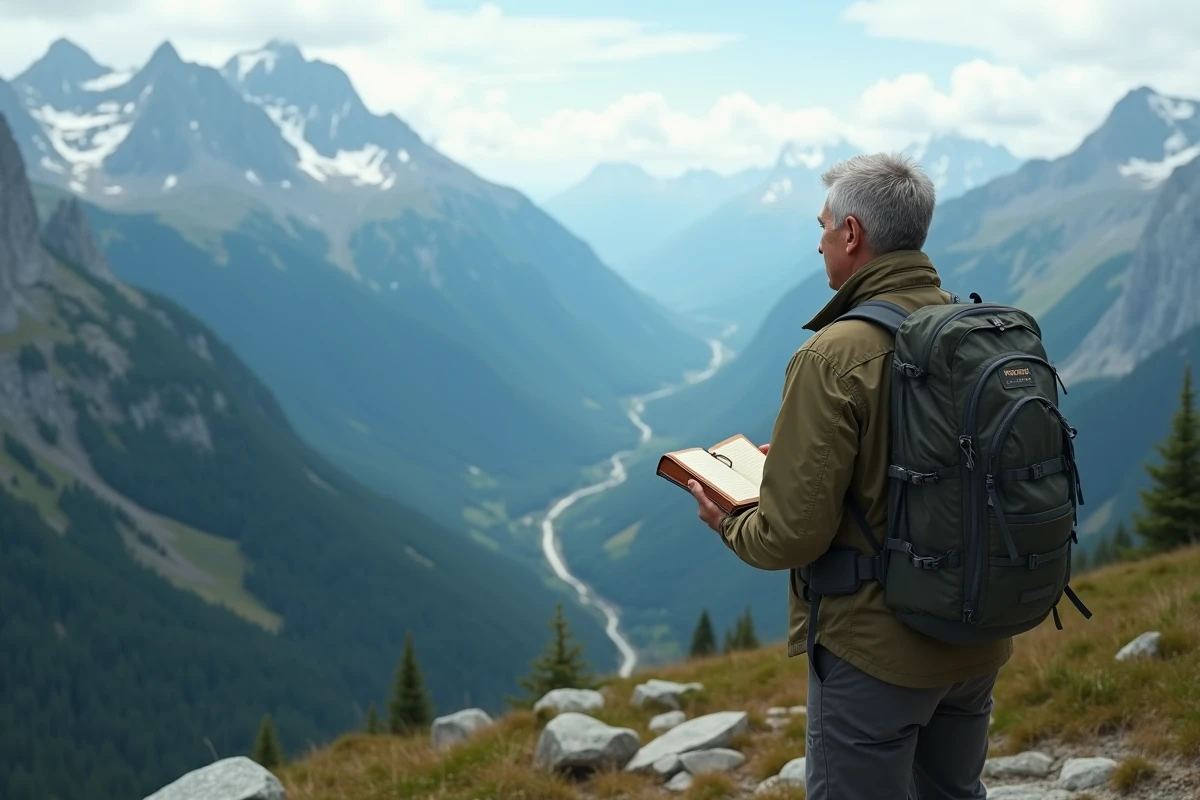 Homme randonneur contemplant un panorama de vallée alpine depuis un belvédère en montagne, carnet de voyage à la main, en quête de la destination idéale pour ses vacances