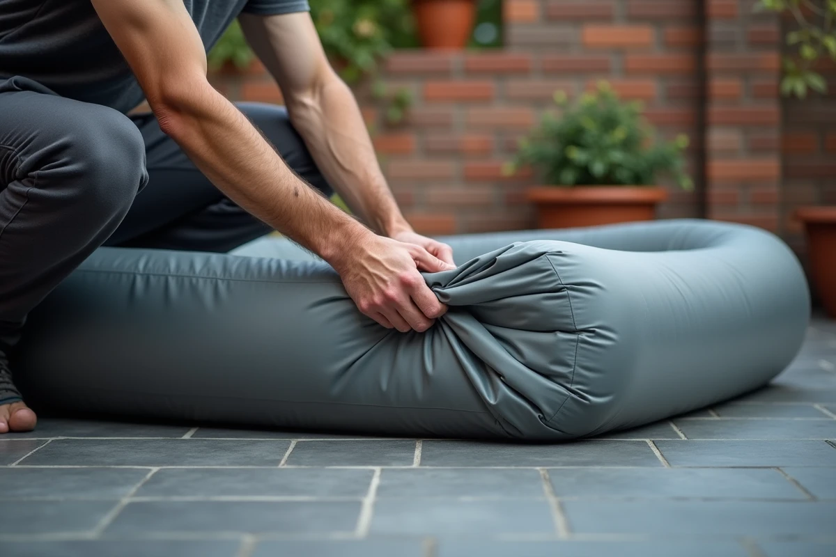 Homme repliant les parois dégonflées d'un spa MSPA Lite sur une terrasse en carrelage gris en milieu urbain