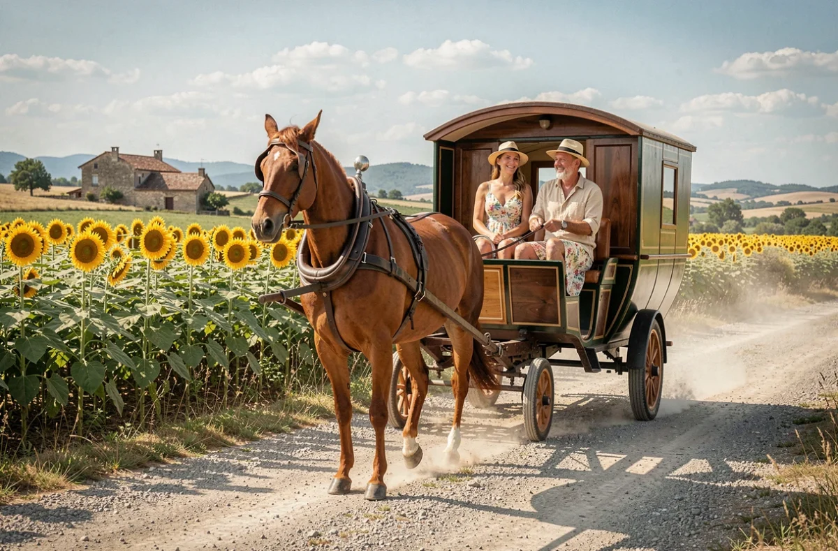 Couple conduisant une roulotte tirée par un cheval sur une route de campagne bordée de champs de tournesols en France