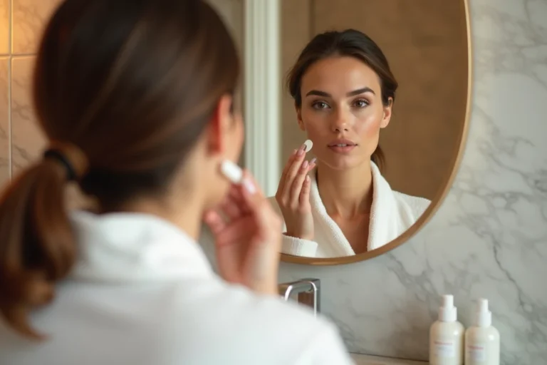 Femme appliquant une crème teintée devant un miroir de salle de bain pour une routine beauté matinale naturelle