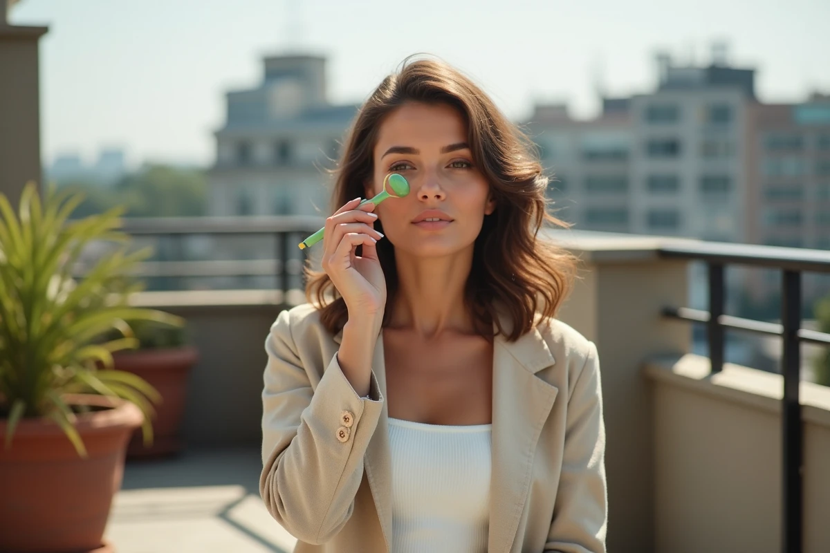 Femme utilisant un rouleau de jade sur une terrasse urbaine dans le cadre d'une routine beauté naturelle en plein air
