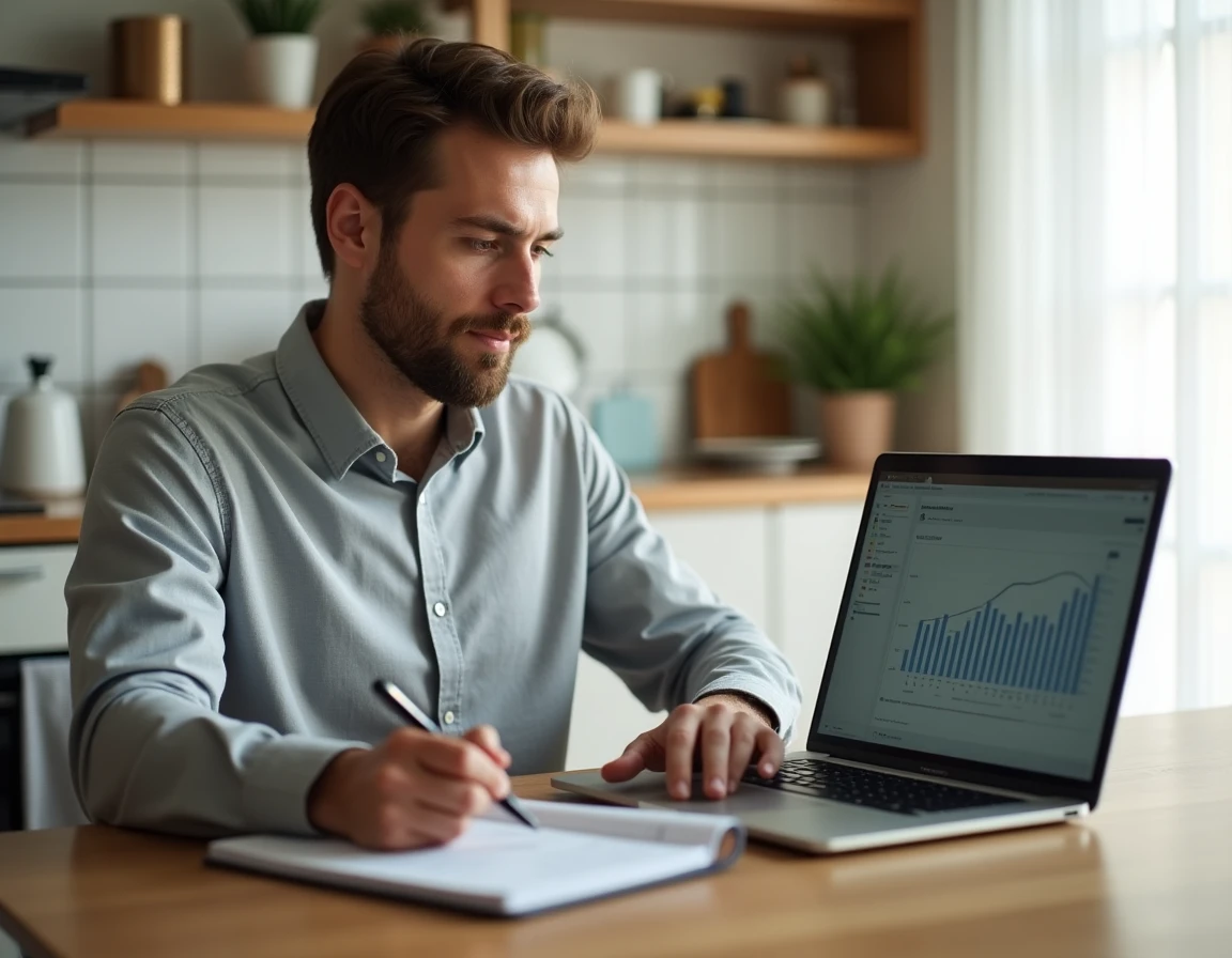 Fonctionnaire homme simulant ses points Casden pour un emprunt immobilier depuis son domicile