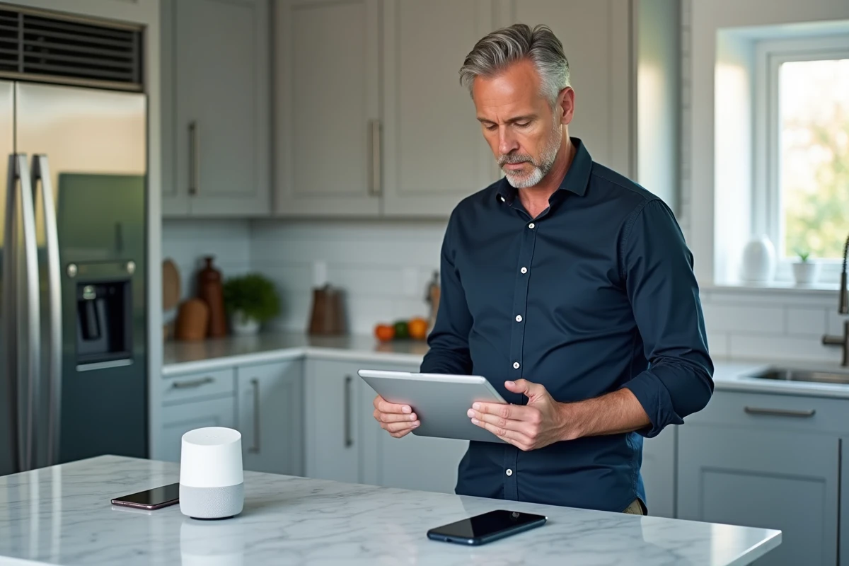 Homme consultant les paramètres de synchronisation Google sur tablette entouré de plusieurs appareils connectés dans une cuisine moderne