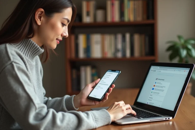 Femme activant la synchronisation Google sur smartphone et ordinateur portable dans un bureau à domicile
