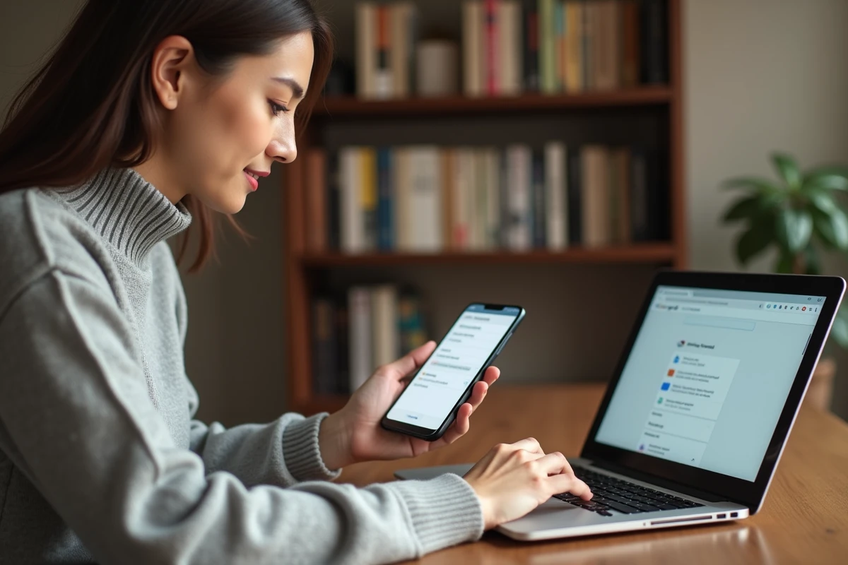 Femme activant la synchronisation Google sur smartphone et ordinateur portable dans un bureau à domicile