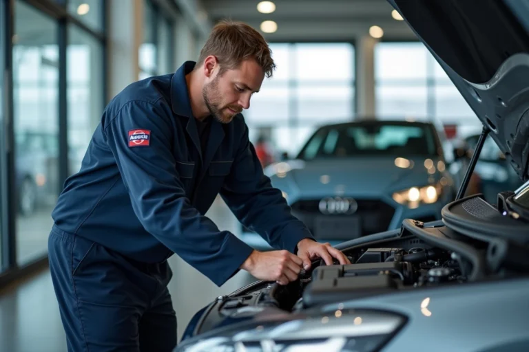 Technicien automobile en uniforme inspectant le moteur d'un véhicule dans un centre de service moderne en France