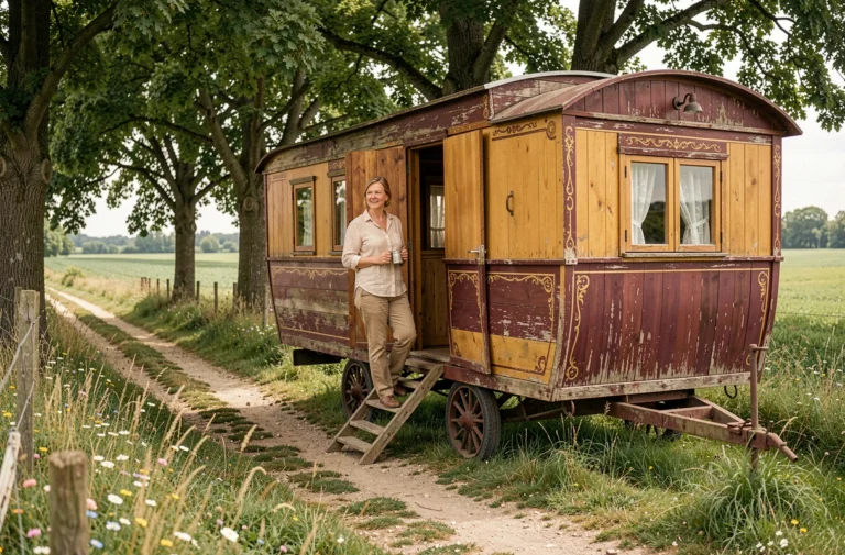 Femme descendant les marches d'une roulotte en bois colorée garée sur un chemin de campagne fleuri en France